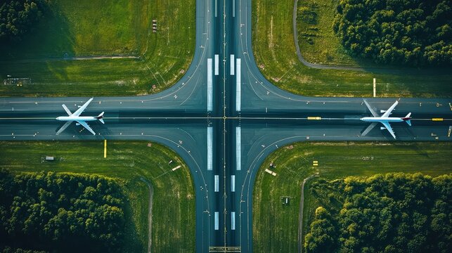 Birda??s-eye view of intersecting airport runways with active planes