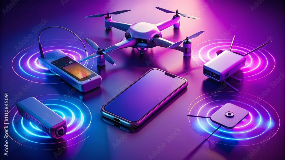 Poster wireless technology and data transfer in digital devices on a purple background featuring wi-fi rout