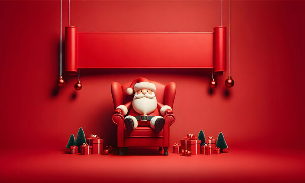 Ein Weihnachtsmann sitzt in einem roten Sessel mit rotem Hintergrund und copy space, Vorlage