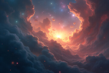Fototapeta premium Mystical Celestial Cloudscape with Radiant Light and Starry Space Background
