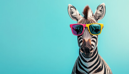 A zebra wearing colorful sunglasses against a bright blue background.