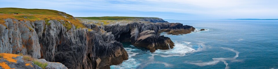 A beautiful ocean view with a rocky shoreline. The water is calm and the sky is clear