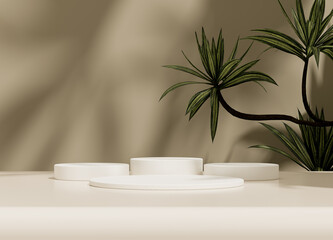White stand podium on background with plant branches and leaves. Mock up for the exhibitions, presentation of products, therapy, relaxation and health.