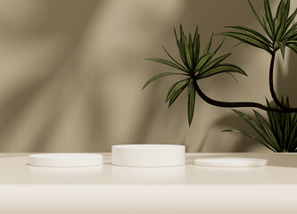 White stand podium on background with plant branches and leaves. Mock up for the exhibitions, presentation of products, therapy, relaxation and health.