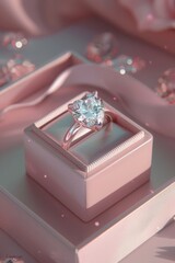 Elegant heart-shaped diamond ring on pink box with soft light and sparkles