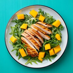Top-down view of a vibrant salad featuring sliced grilled chicken, mango chunks, arugula