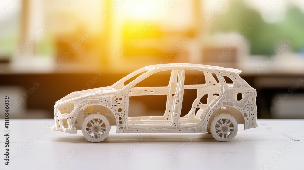 Poster a detailed model of a car showcases its structure, illuminated by sunlight, emphasizing design and c