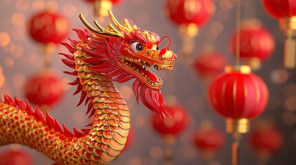 Naklejka premium Chinese New Year Dragon Red Gold Lanterns Festive Celebration
