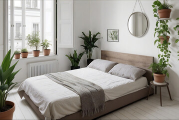 a bedroom with a bed, plants and a mirror on the wall above it, and a plant in the corner, Florianne Becker, minimalism, neutral colors, a stock photo