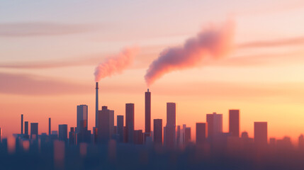 City skyline with smokestacks emitting smoke during a colorful sunset, symbolizing urban pollution and climate impact.