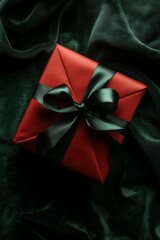 deep red gift with a long dark emerald green ribbon on a dark emerald green background, top view