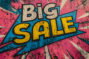 Grungy distressed "Big Sale" sign with vibrant colors and comic book style.