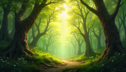 Fototapeta premium Sunlit forest path surrounded by lush green trees