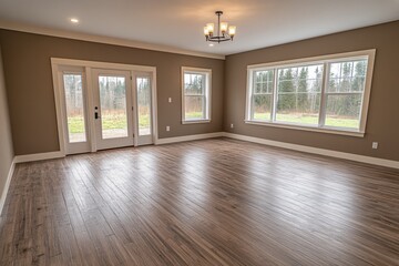 Obraz premium Spacious and Bright Empty Room with Large Windows and French Doors