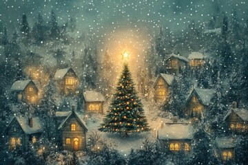 Fototapeta premium Snowy Christmas Village at Night with Illuminated Cabins and a Decorated Xmas Tree Creating a Magical Holiday Atmosphere