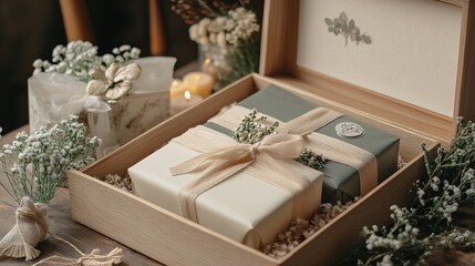 A beautifully wrapped gift box surrounded by dried flowers and decorative elements, perfect for celebrations or special occasions.