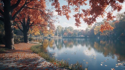 Autumn in the park with lake.