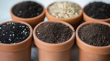 Flower pots with different types of soil for a comparison study