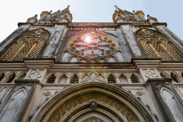 Obraz premium Santos city, Brazil. The front facade with stone sculptures of the smaller basilica church of Santo Antônio do Embaré in the city of Santos.