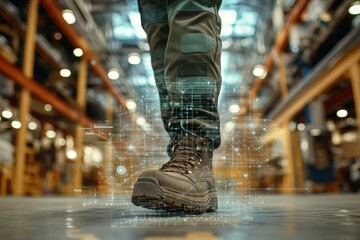 Futuristic Warehouse Worker: Smart Boot Technology in Action