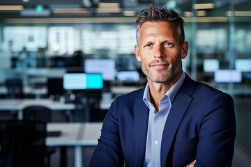 Fototapeta premium sharp business presenter in navy blazer exudes confidence in modern office setting. professional atmosphere is enhanced by sleek workstations and bright lighting