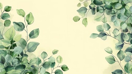 An illustration of hand-drawn Eucalyptus leaves with a corner border viewed from above and a large copy space set against a green background, Generative AI.