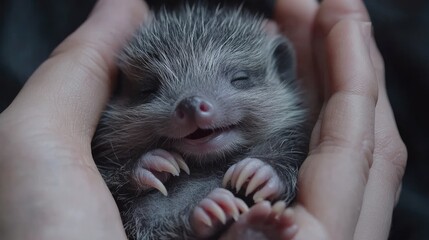 Baby hedgehog peacefully curled up in a gentle human hand