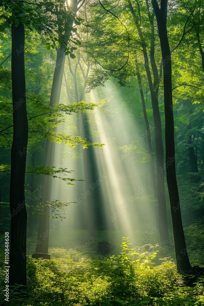 Poster a forest with sunlight shining through the trees, creating a serene and peaceful atmosphere. the sun