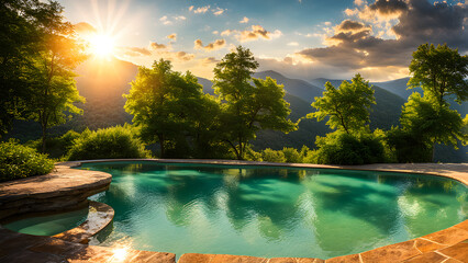 A tranquil infinity pool surrounded by lush green trees, overlooking distant mountains at sunset.