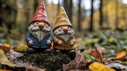 Two charming garden gnomes, one in a blue outfit and the other in yellow, sit on moss amidst a backdrop of autumn foliage.