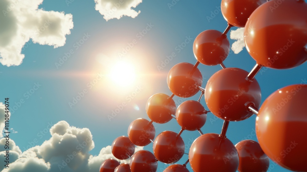 Poster abstract representation of molecular structures with vibrant orange spheres against a bright sky, sh