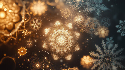 Folk-inspired abstract background, soft winter tones, intricate patterns, glowing snowflakes, festive atmosphere