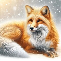 Naklejka premium A majestic fox rests gracefully in a snowy landscape, surrounded by gentle falling snowflakes.