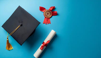 Graduation cap and diploma arranged on a bright blue background with plenty of copy space for celebratory announcements