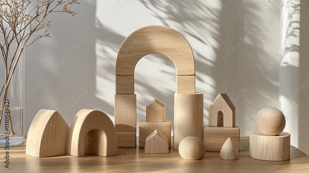Poster a collection of wooden blocks in various shapes and sizes arranged artistically, casting soft shadow
