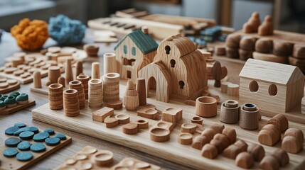A variety of wooden play pieces arranged on a table, featuring houses, trees, and circular shapes, perfect for imaginative play and creativity.