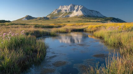 Obraz premium Scenic mountain landscape with a reflective pond and vibrant wildflowers.