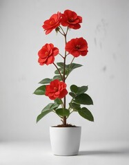 Red begonia plant with a single large flower on a minimalist white background , foliage,