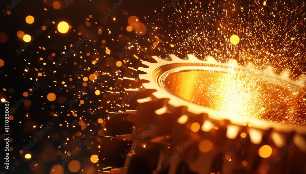 Fototapete A glowing gear surrounded by sparks and particles, creating a dynamic and energetic visual effect.
