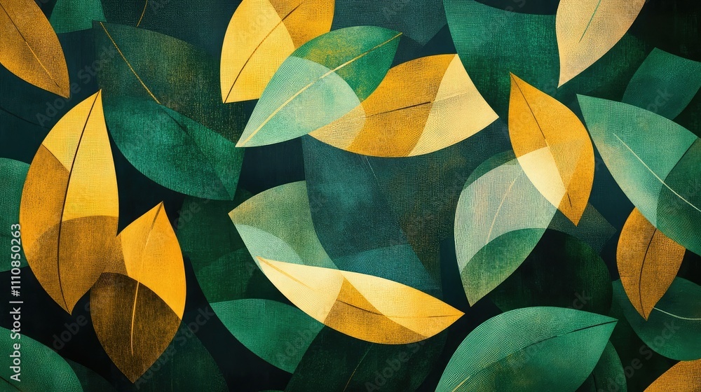 Poster leaf-inspired pattern with overlapping shapes in shades of green and gold