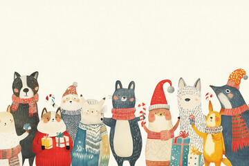 A charming illustration of various animals dressed in festive attire, including scarves, sweaters, and Santa hats, holding candy canes, gifts, and other holiday items. The playful and whimsical design