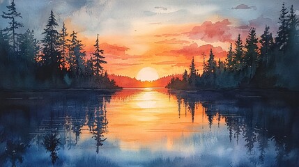 Obraz premium A serene sunset over a calm lake, surrounded by tall trees, reflecting vibrant colors in the water, creating a tranquil, picturesque scene.