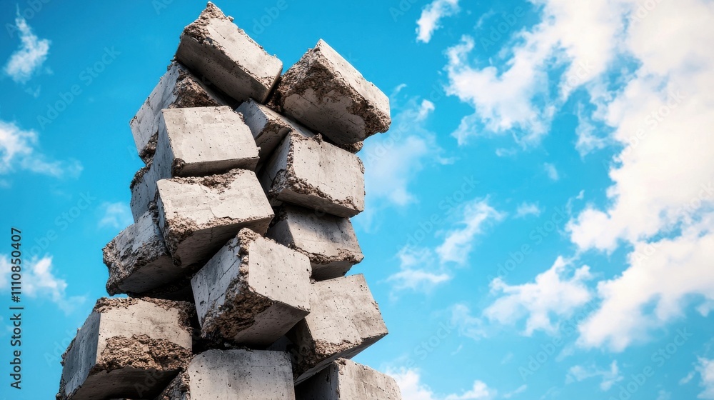 Poster a towering stack of concrete blocks against a blue sky, showcasing texture and structural design.
