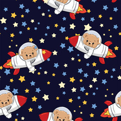 Hand Drawn Seamless Pattern Rocket illustration with Teddy Bear, kids design vector 