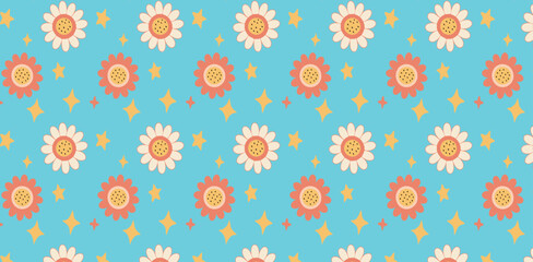 Kids seamless pattern with cute flowers on a light blue background, raster version. Good for fabric, wallpaper, festive decor, baby room decoration, 