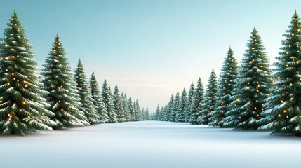 Fototapeta premium Festive fir tree forest with christmas lights in a snowy landscape