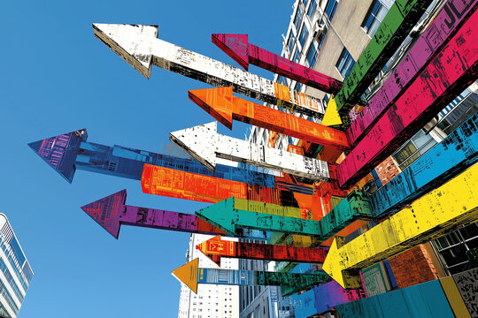 Dynamic arrows pointing in multiple directions against clear blue sky, showcasing vibrant colors and urban art. This striking visual represents movement and direction