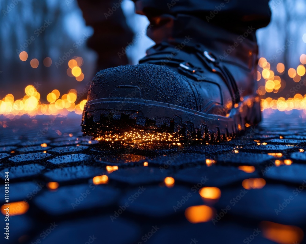 Poster A close-up of a boot on a textured surface with glowing particles, capturing a moment in a dimly lit, atmospheric setting.