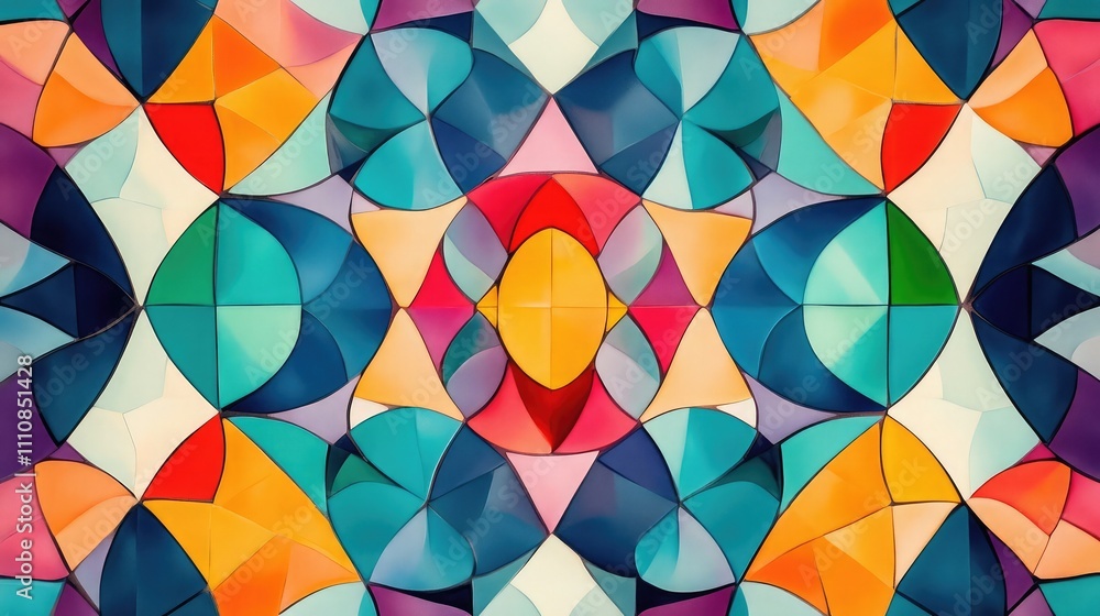Poster mosaic pattern with symmetrical geometric shapes in vibrant colors