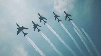 Multiple airplanes flying in a V-formation in the open sky